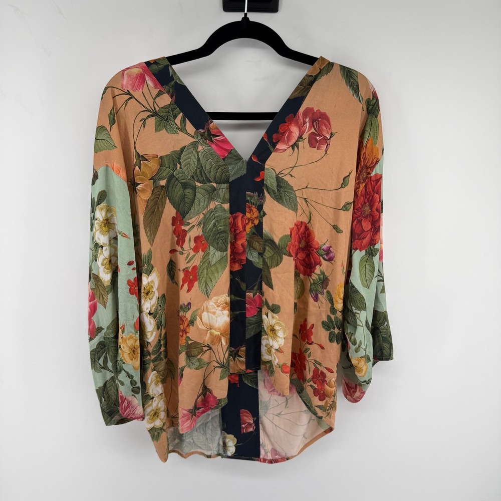 Farm Rio Floral Blouse Womens Small Multi Viscose Boho V-Neck Tassel Tie Top